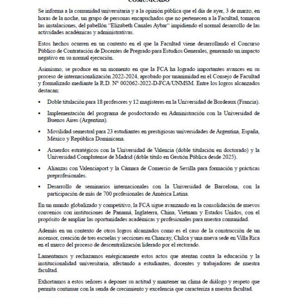 Comunicado sobre la toma del edificio de la Facultad de Ciencias Administrativas