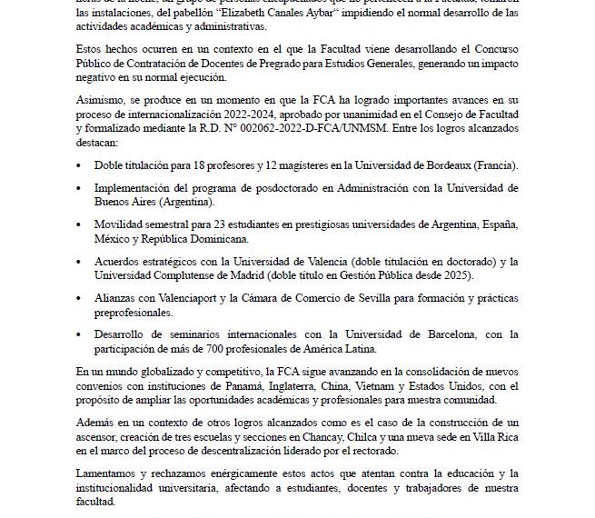 Comunicado sobre la toma del edificio de la Facultad de Ciencias Administrativas