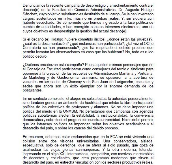 No a la campaña de amedrentamiento político en la Facultad de Ciencias Administrativas