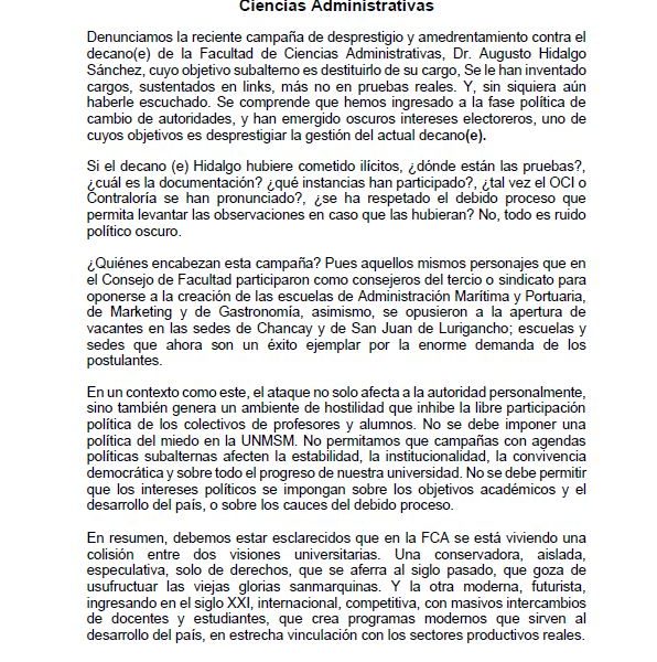 No a la campaña de amedrentamiento político en la Facultad de Ciencias Administrativas