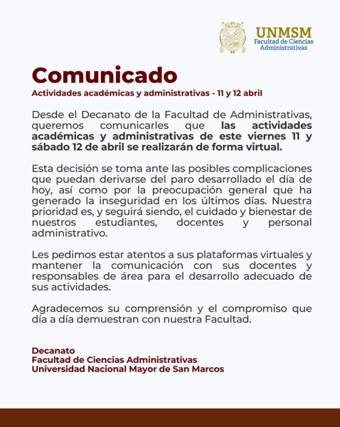 Actividades académicas y administrativas serán virtuales el 11 y 12 de abril