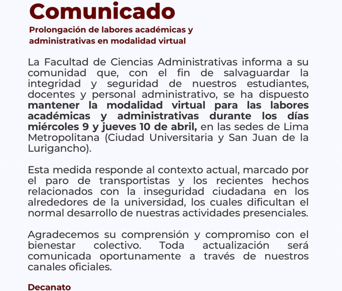 Clases y labores administrativas seguirán en modalidad virtual el 9 y 10 de abril
