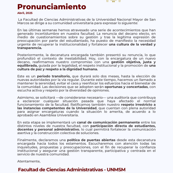 Pronunciamiento de la Facultad de Ciencias Administrativas