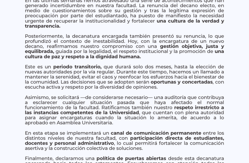 Pronunciamiento de la Facultad de Ciencias Administrativas