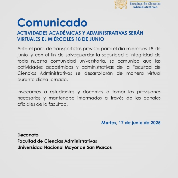 Actividades académicas serán virtuales el 18 de junio por paro de transportistas