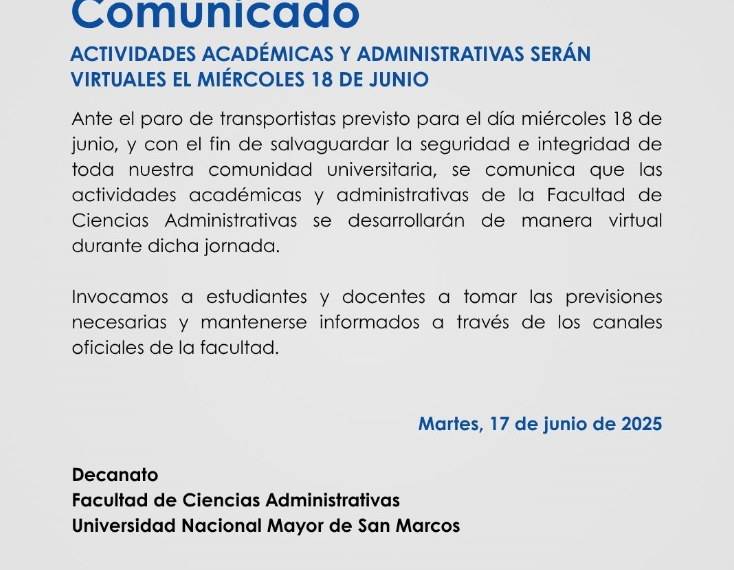Actividades académicas serán virtuales el 18 de junio por paro de transportistas