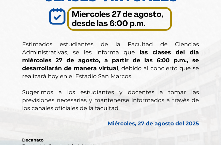 COMUNICADO: Clases virtuales 27 de agosto desde las 6:00 p.m.