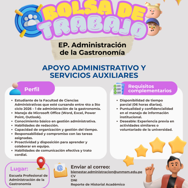 Bolsa de trabajo: Apoyo administrativos y auxiliares en la EPA. Gastronomía